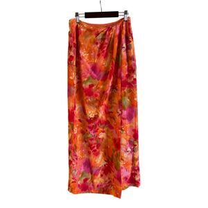 Barry Bricken Silk Maxi Skirt Coral Pink Hibiscus Hawaiian Festival Size 4 Slit